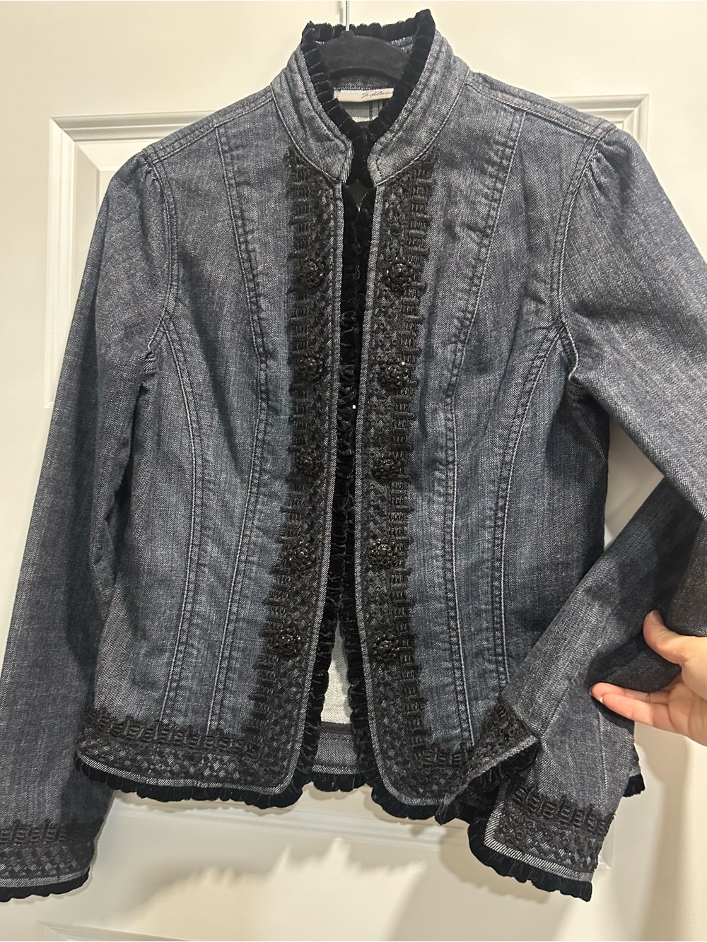 Chico's Platinum Dark Denim-Style Embellished Jacket